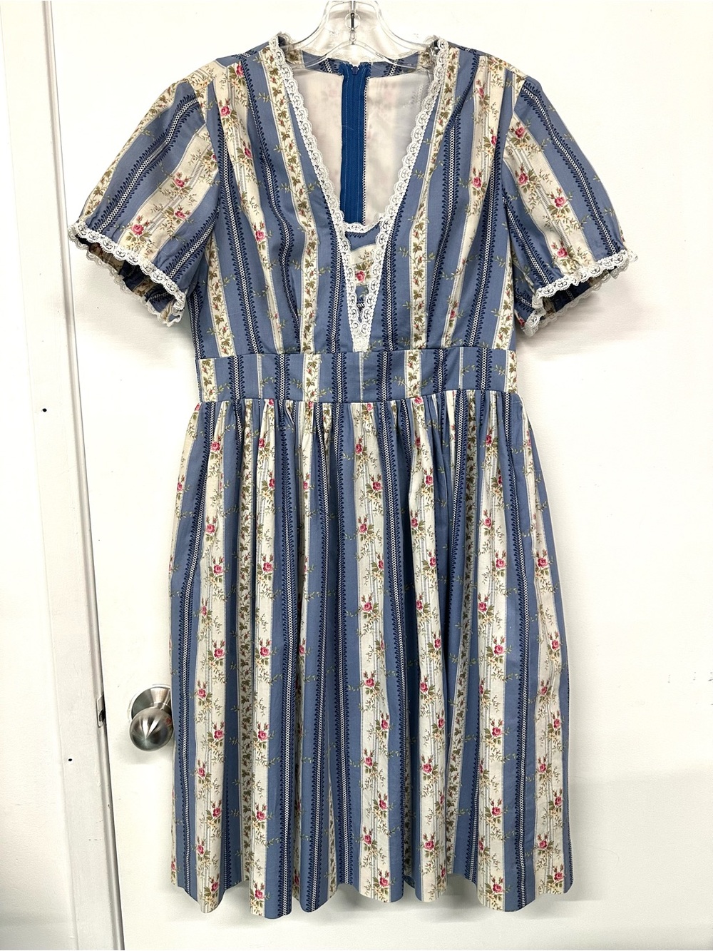 Cottagecore Dirndl Cotton Floral Stripe Lace Puff Sleeve Dress Size 10